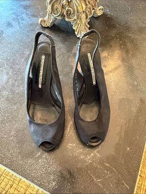 Donald J. Pliner Black Suede Peep-Toe Slingback Heels